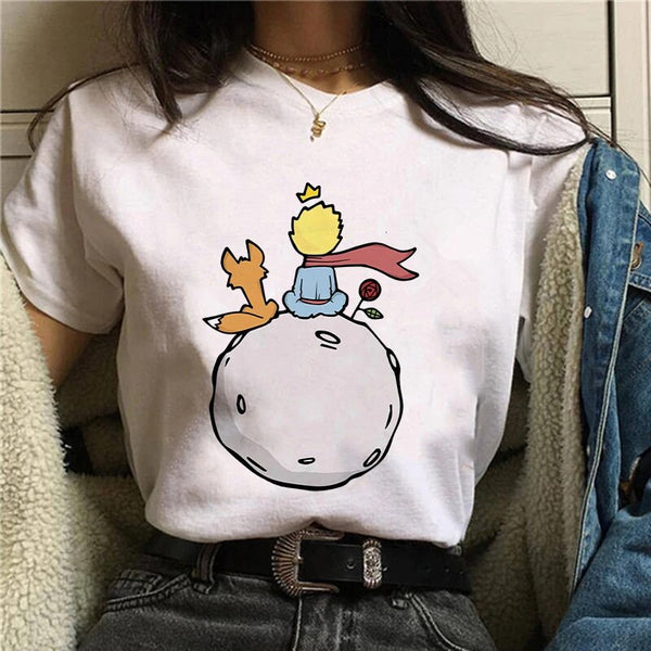 New Cute Cartoon Earth Space Little Prince T-shirt Ladies Fashion Harajuku Kawaii Graphic Printed Clothing Tops Tee 90s T-shirt