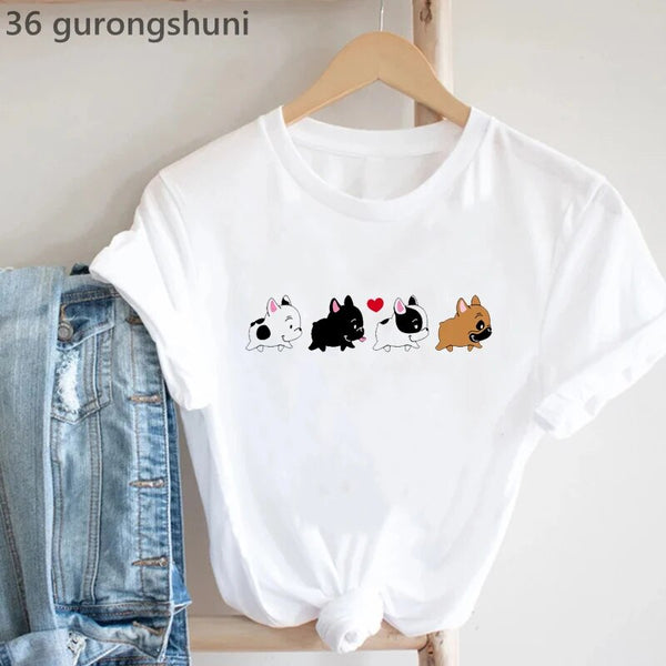 Frenchies In Love Animal Print T-Shirt Women'S Clothing French Bulldog Tshirt Femme Harajuku Kawaii Clothes Dog Lover T Shirt