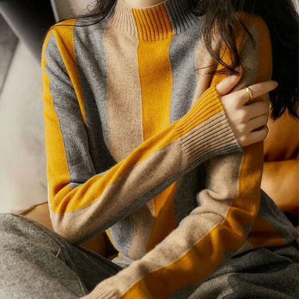 2023 Autumn Winter Vintage Striped All-match Sweaters Female Clothing Patchwork Korean Loose Half High Collar Straight Jumpers
