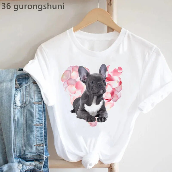 Frenchies In Love Animal Print T-Shirt Women'S Clothing French Bulldog Tshirt Femme Harajuku Kawaii Clothes Dog Lover T Shirt
