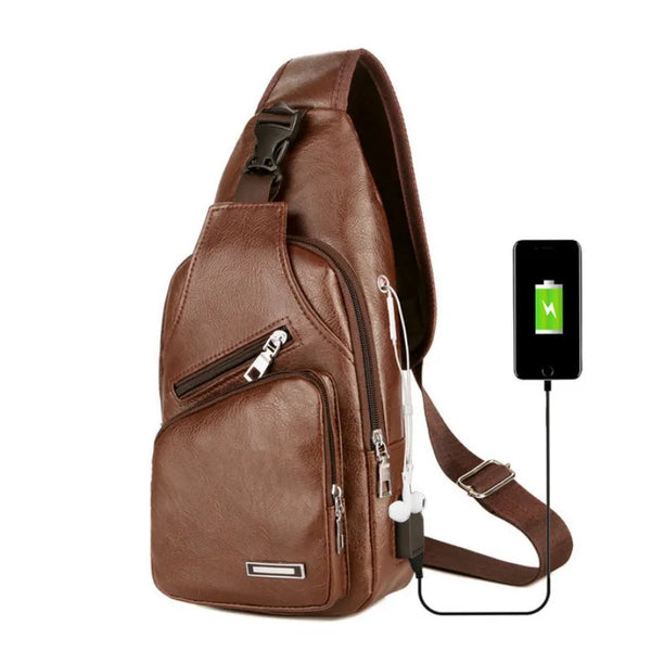 Men's USB Charging Chest Bag with Headset Hole Multifunction Single Strap Anti-theft Chest Bag with Adjustable Shoulder Strap